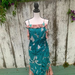 FARM RIo XS beautiful teal with pink inlay feminine & flowy dress